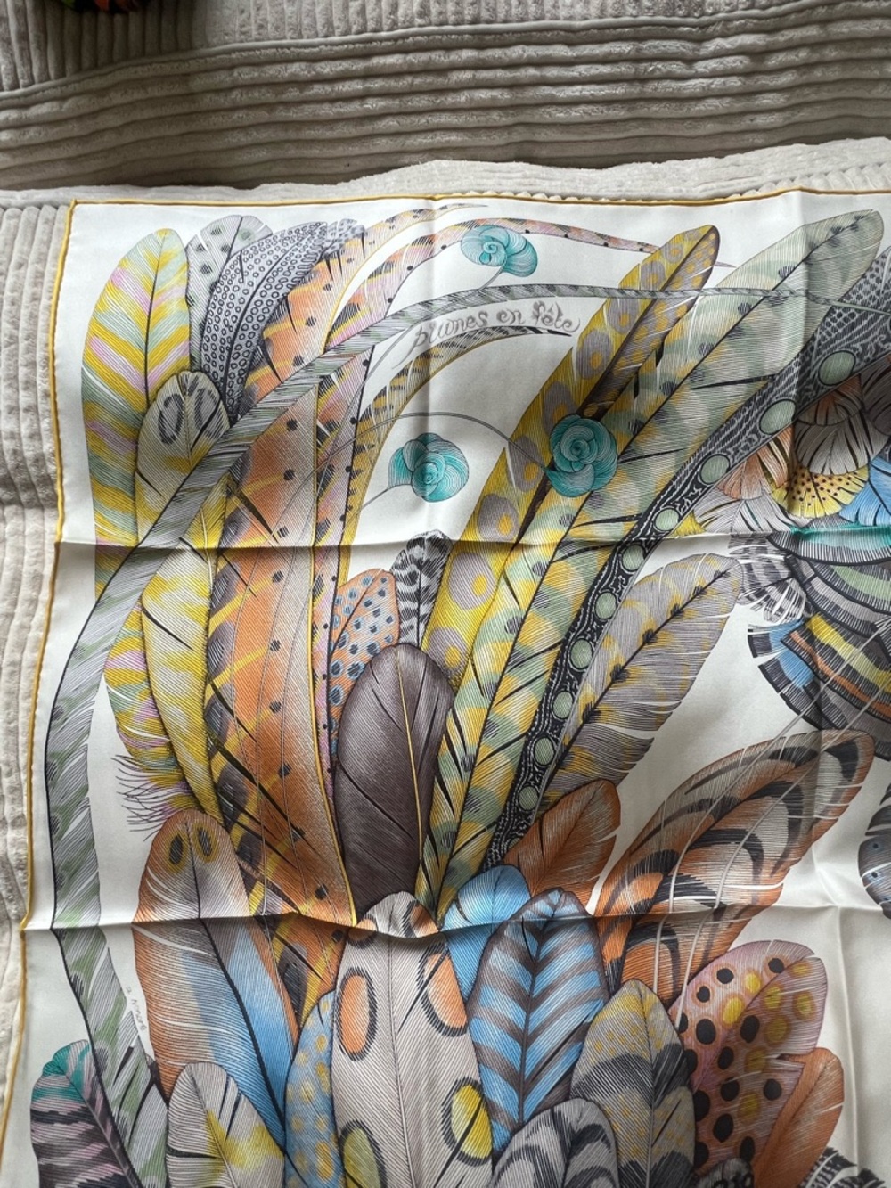 Hermes Plumes en Fete 90cm Silk Feather Print Scarf in Pastel Yellow, Blue, Pink - Picture 9 of 15